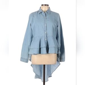 Hannah Long Sleeve Blouse - Chambray Ruffle High Low Hem Detail - Size Large